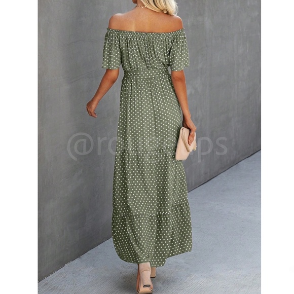 Off Shoulder Green Polka Dot Maxi Dress Flared, Flounce, Long, Belted - Picture 2 of 7